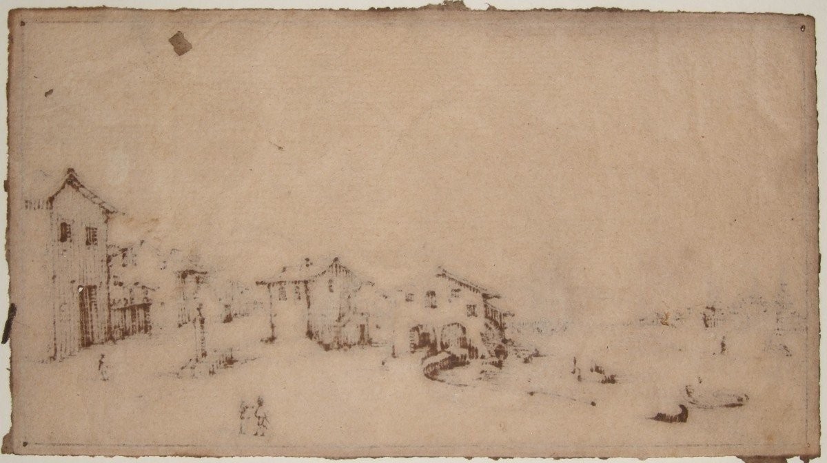 Attribué à Israël Silvestre 1621-1691. Vue de village au bord d'un fleuve. Encadré.-photo-4