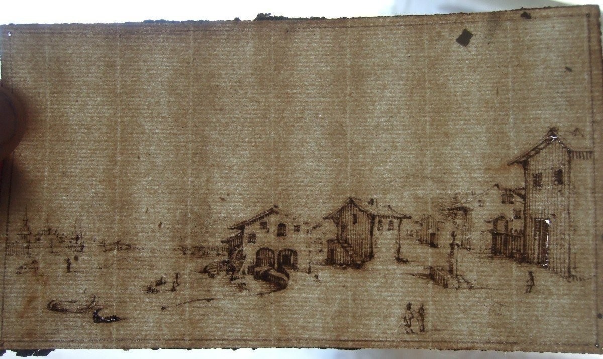 Attribué à Israël Silvestre 1621-1691. Vue de village au bord d'un fleuve. Encadré.-photo-1