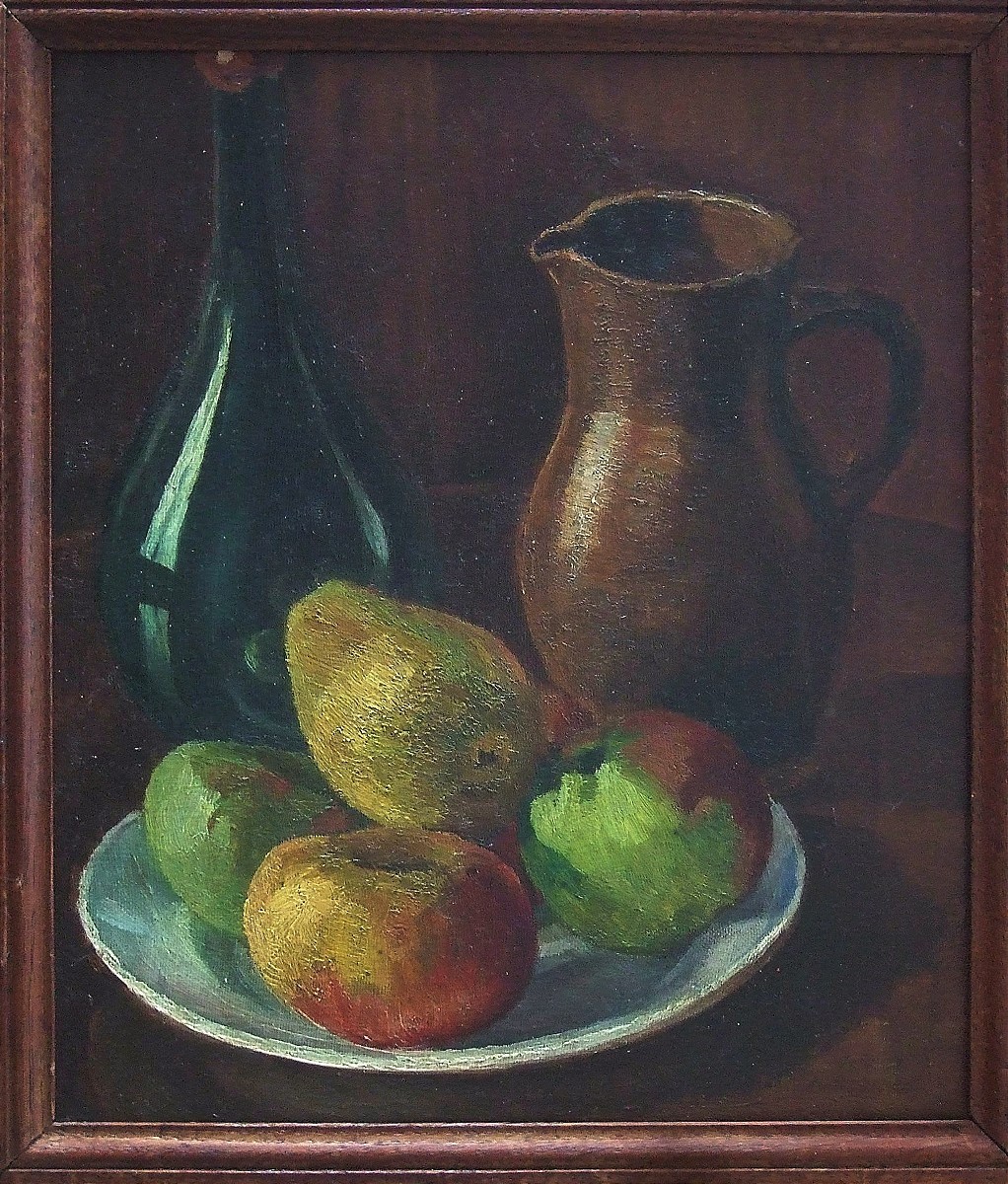 Ecole belge. Nature morte aux fruits & pichet.