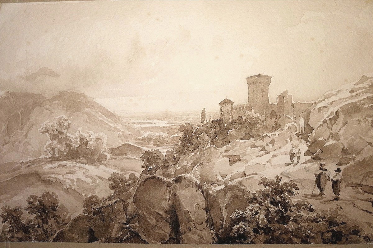 École française du XIXè. Promeneurs dans un paysage montagneux, près d'un château. 