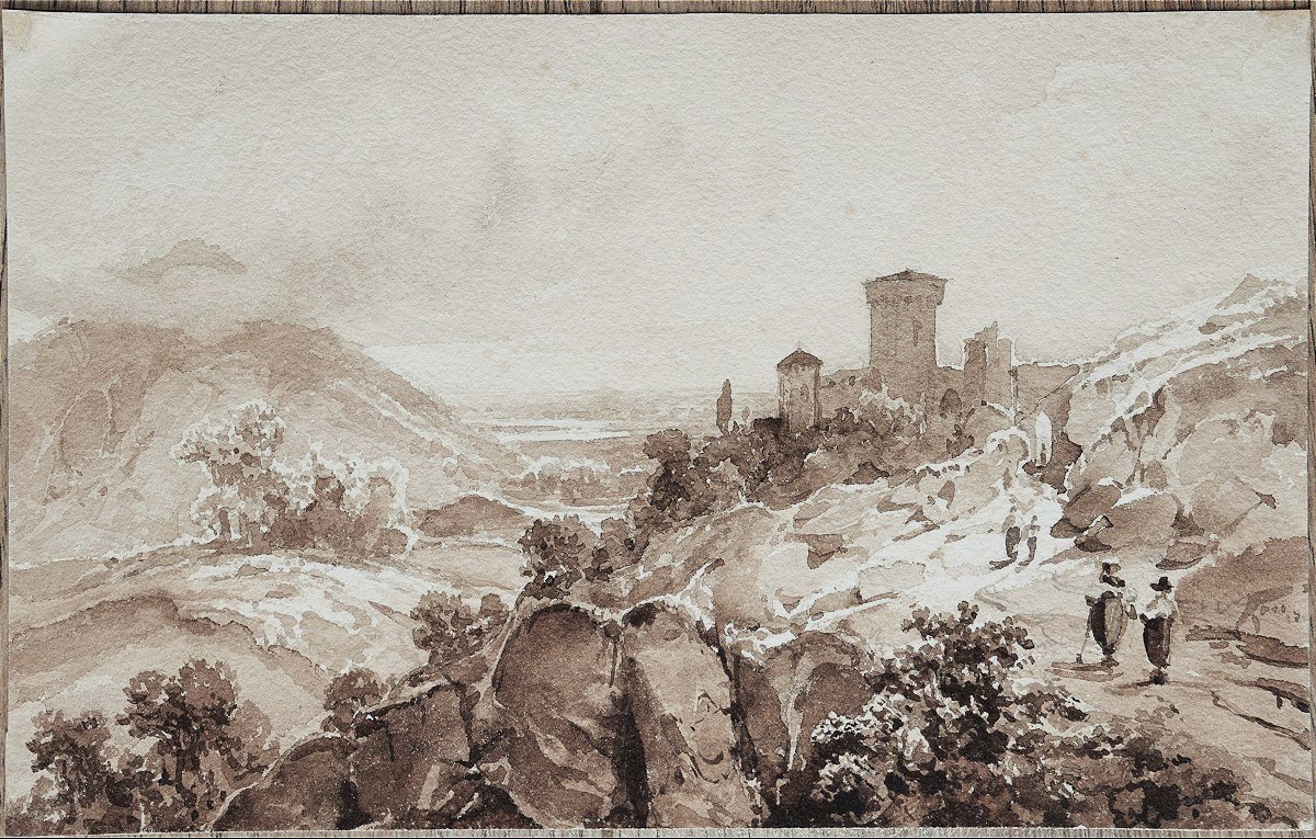 19th Century French School. Walkers In A Mountainous Landscape, Near A Castle. 