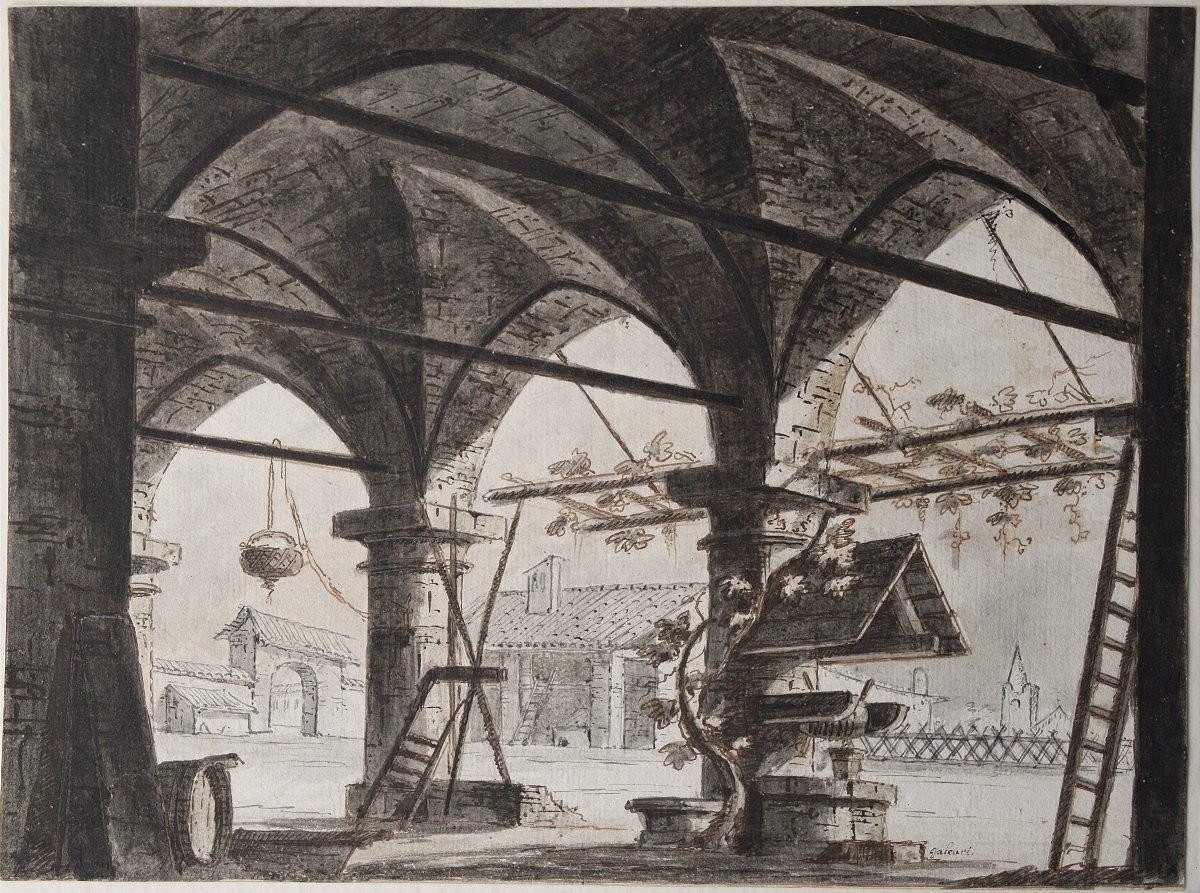 Gaspare Galliari. Vue d'une loggia donnant sur une cour.