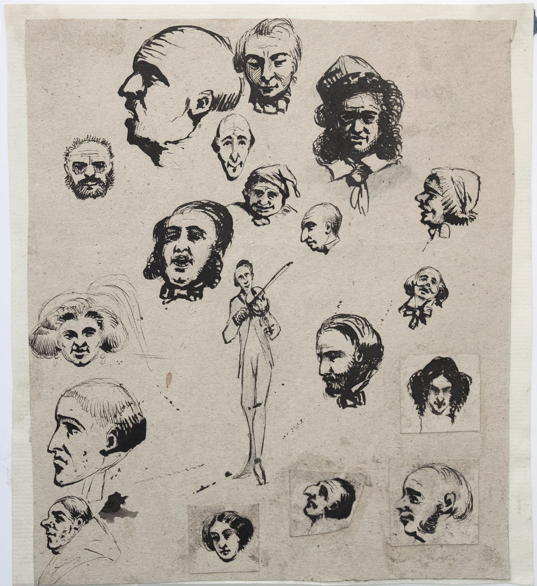 Ecole française du XIXè. Feuille de caricatures, avec le portrait de Paganini .-photo-2