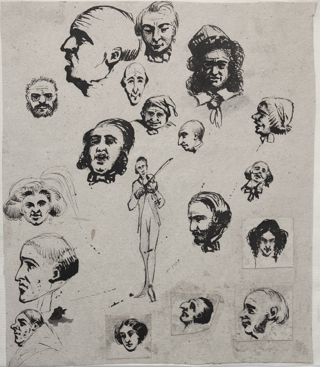 Ecole française du XIXè. Feuille de caricatures, avec le portrait de Paganini .