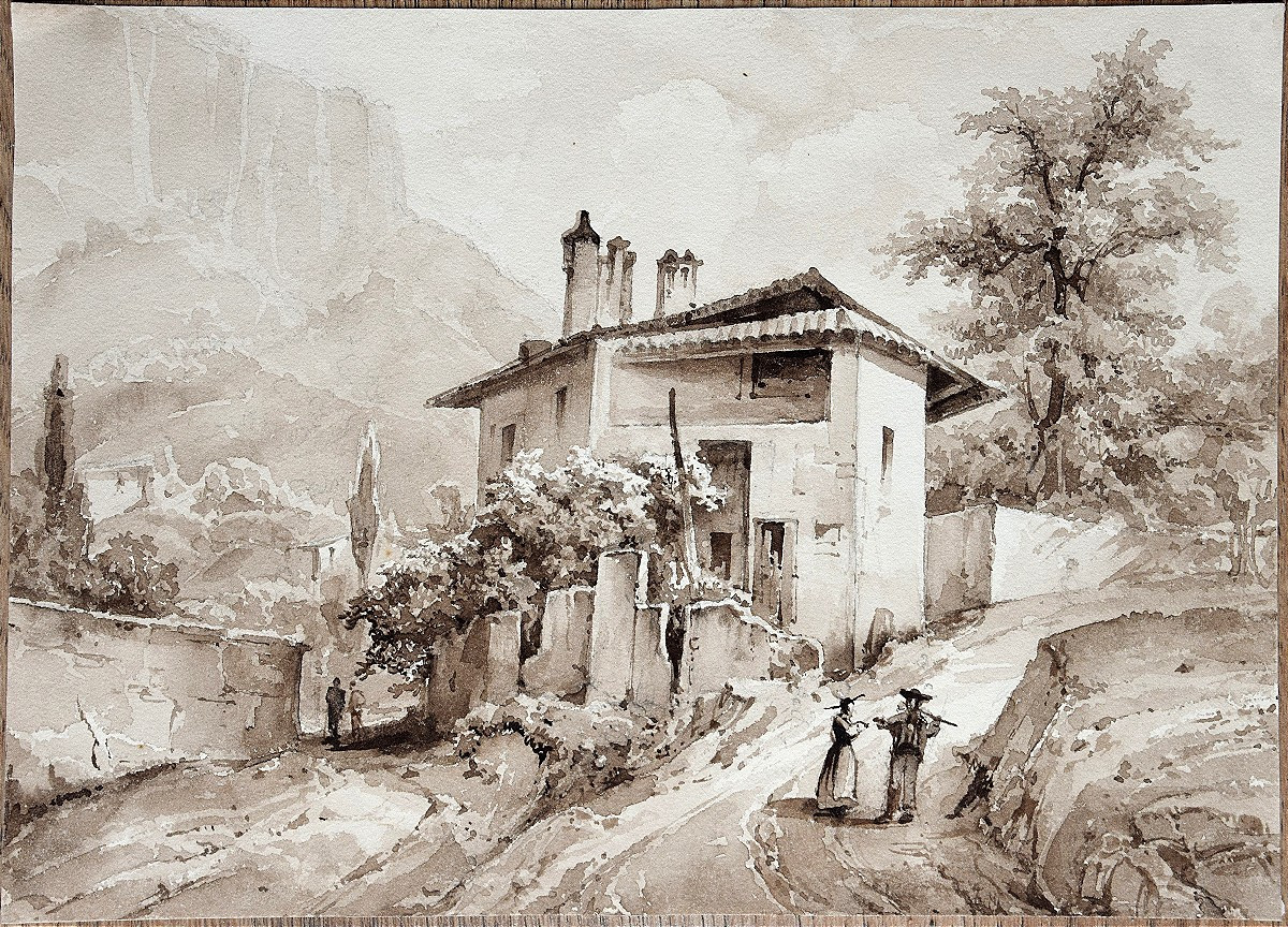 French School Of The 19th Century. Walkers On A Path In The Mountains.