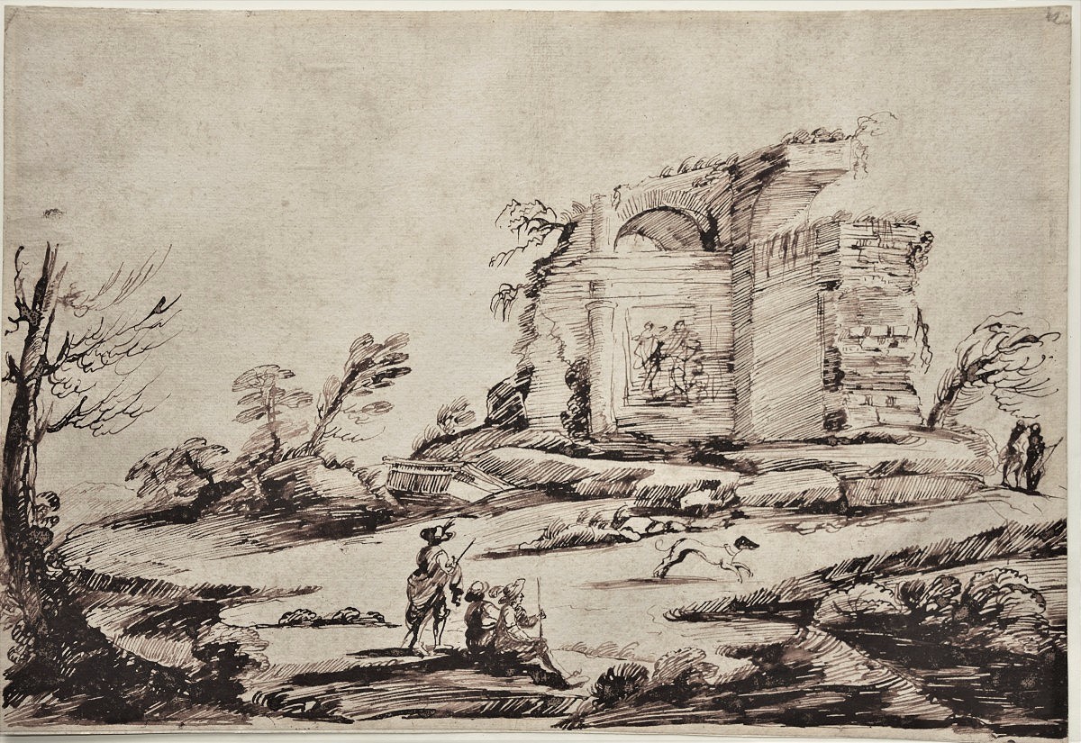 Il Falsario del Guercino. Paysage animé avec ruines.