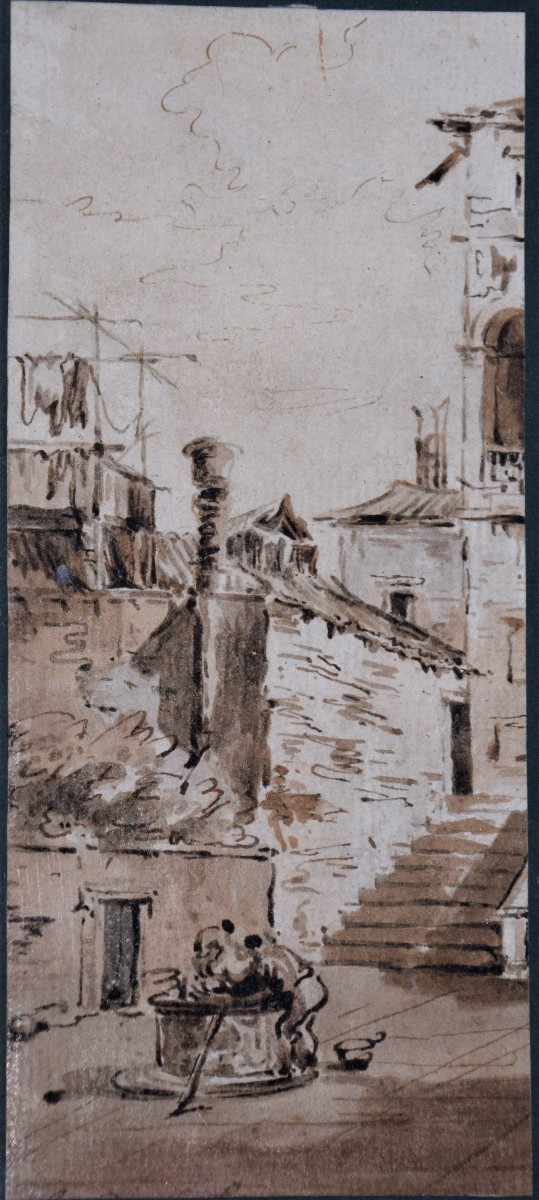 Venetian School, Circa 1800. View Of A Palace, And A Well In A Courtyard. A Pair.-photo-3