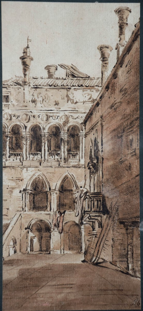 Venetian School, Circa 1800. View Of A Palace, And A Well In A Courtyard. A Pair.-photo-2