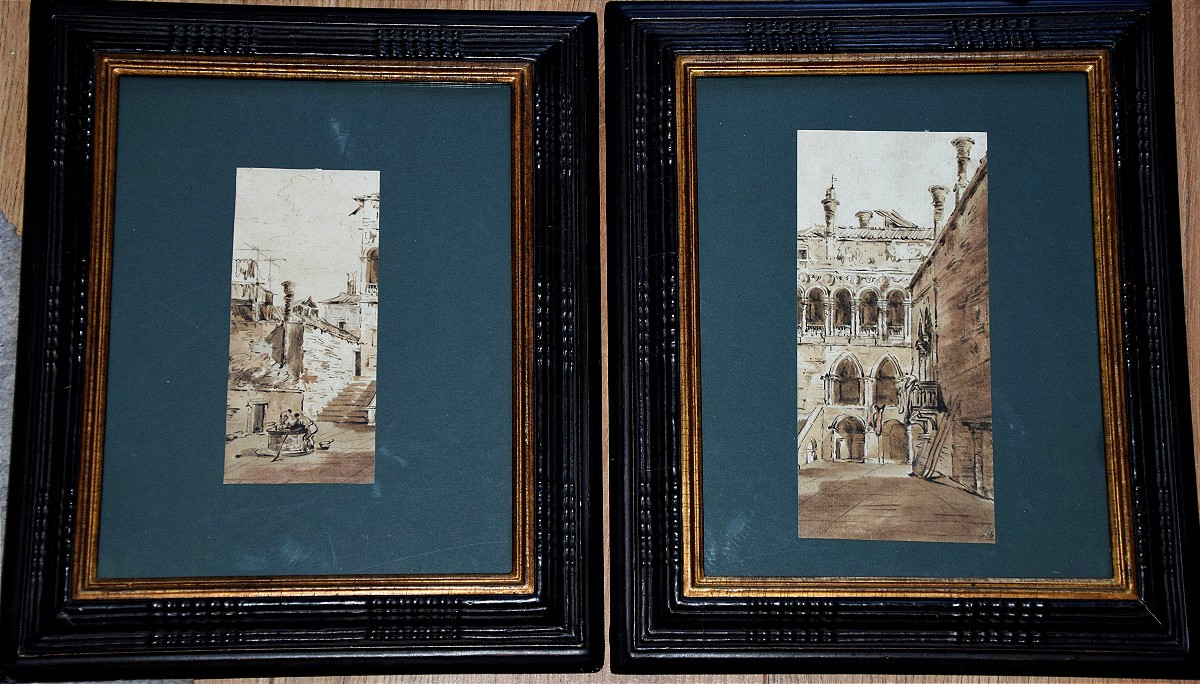 Venetian School, Circa 1800. View Of A Palace, And A Well In A Courtyard. A Pair.