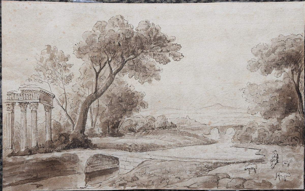 Ecole française, vers 1700. Paysage fluvial avec ruines.