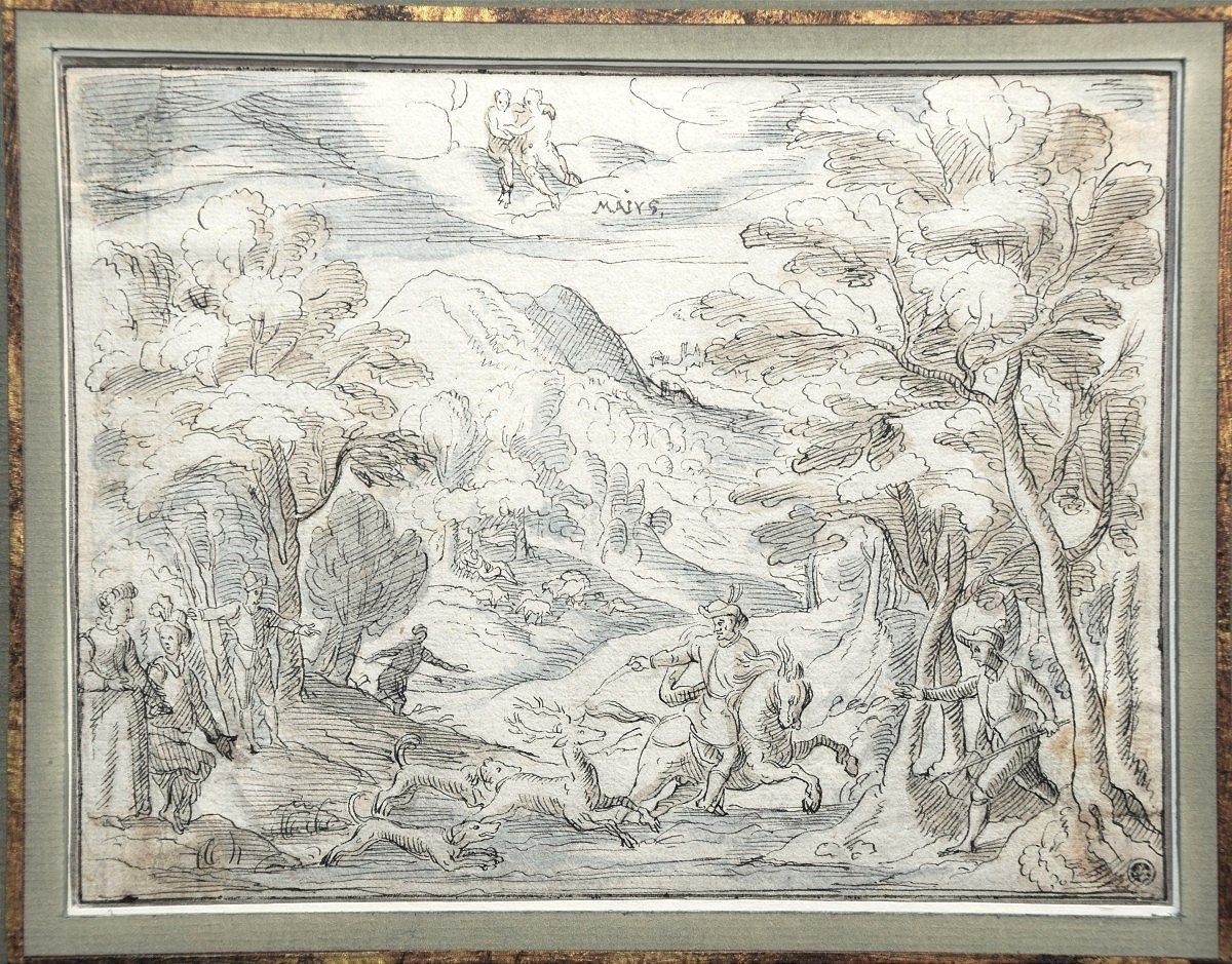 Attributed To Lambert De Hondt 1620-1665. Deer Hunting Scene, Allegory Of The Month Of March.
