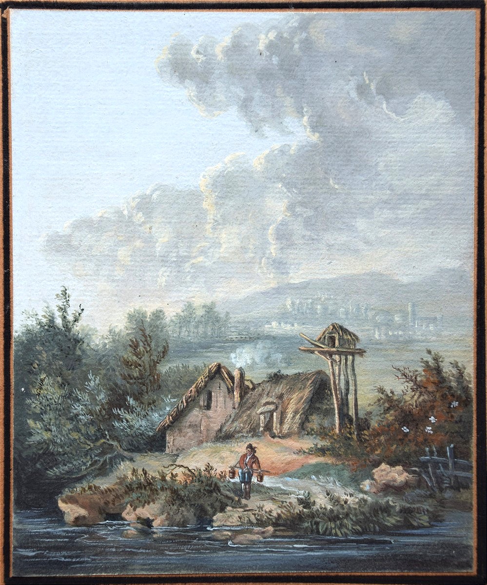 French School, Circa 1800.cottage By A Lake.