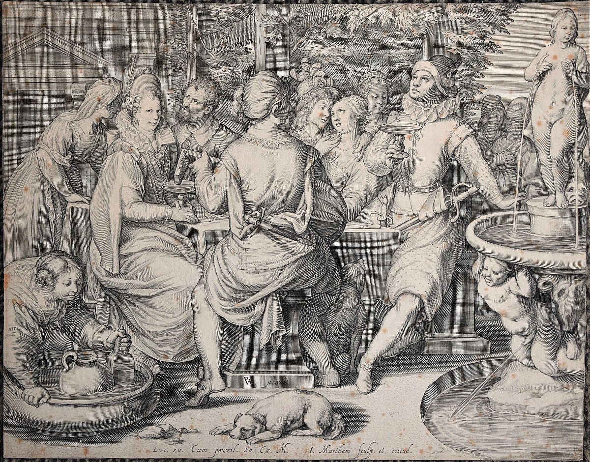 Jacob Matham 1571 - 1631. Le Fils prodigue dilapide son héritage dans les plaisirs de la table.