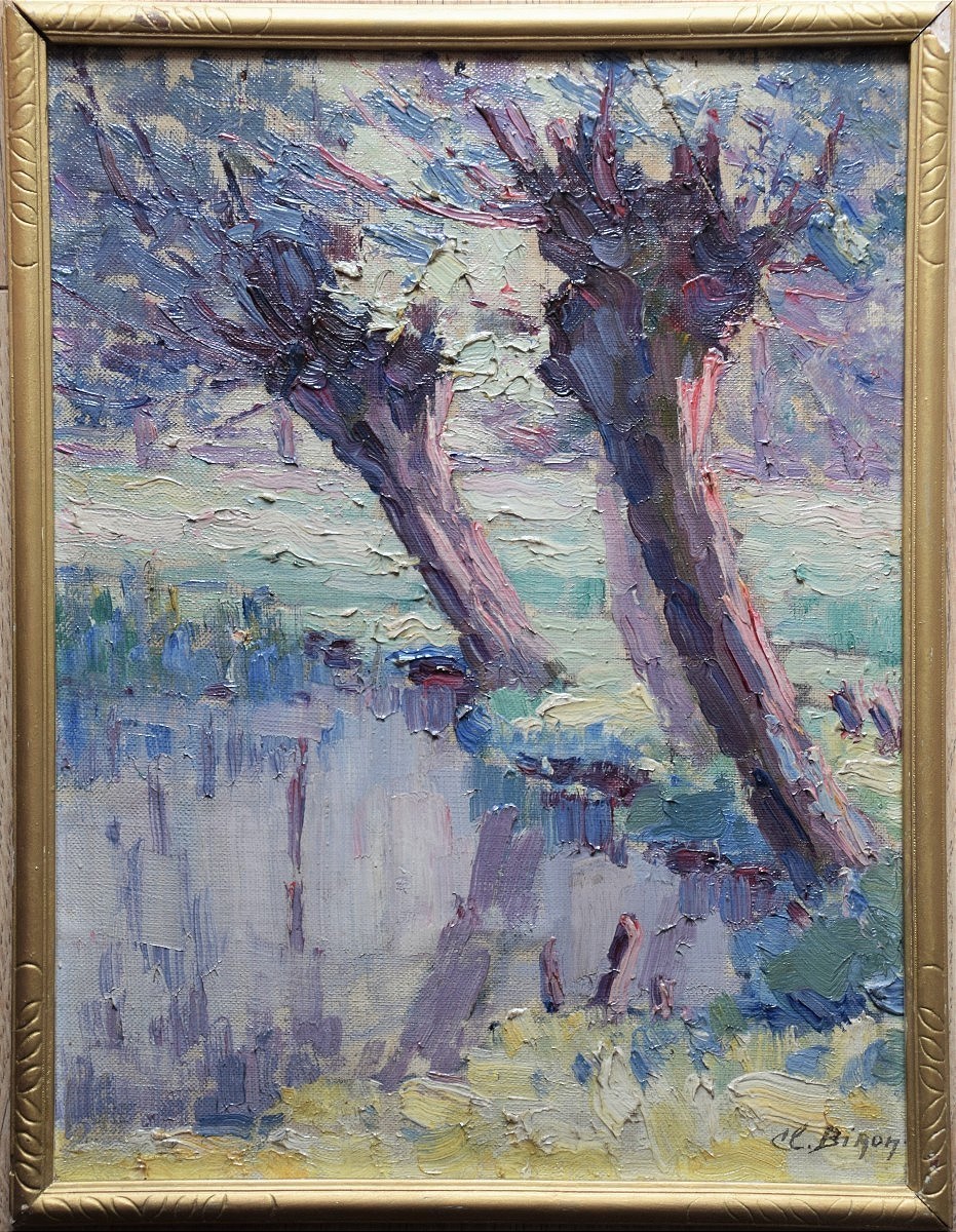 Clémence Biron. Saules au bord d'un étang.