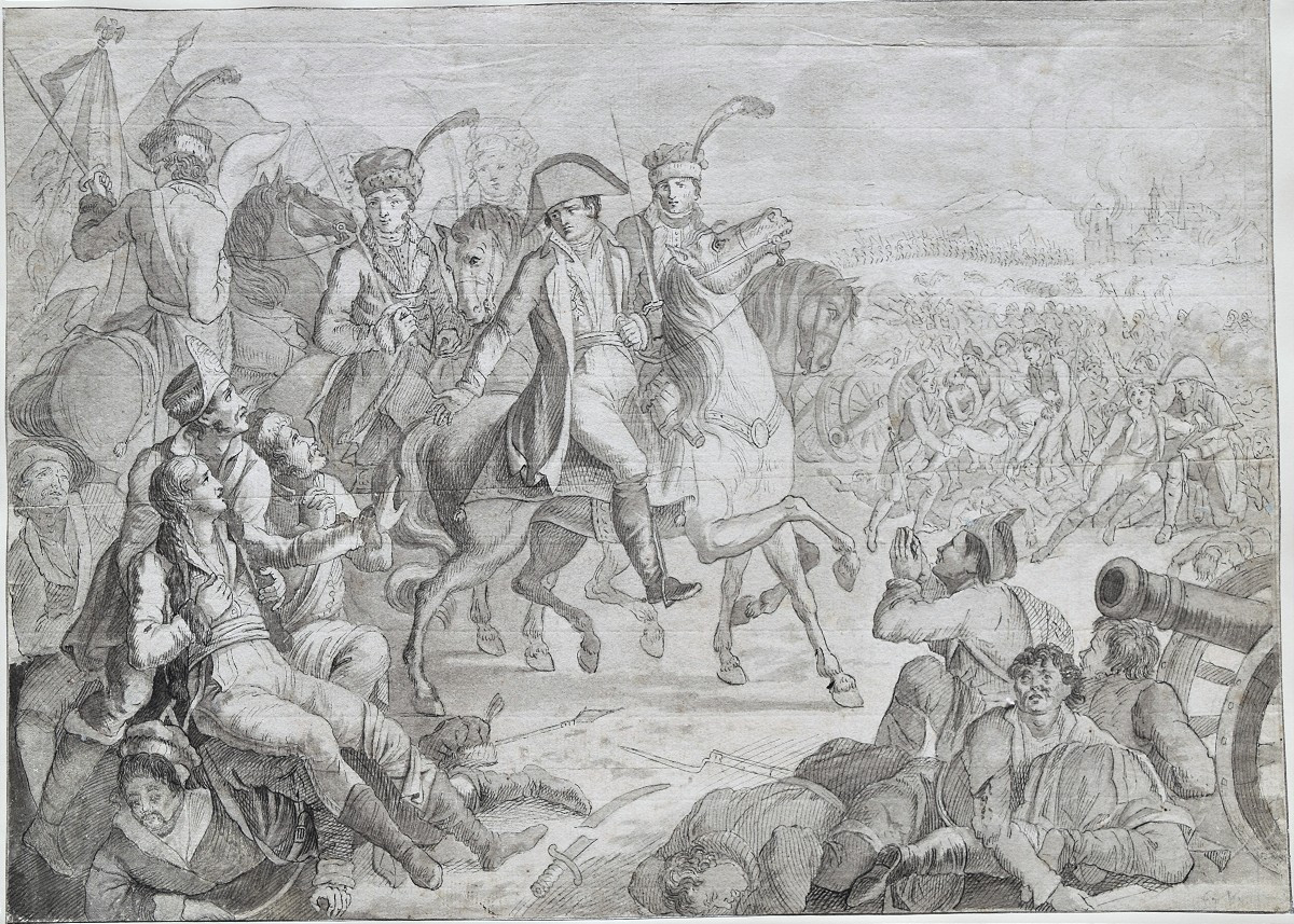 Ecole française du XIXè. Napoléon au milieu d'un champ de bataille.