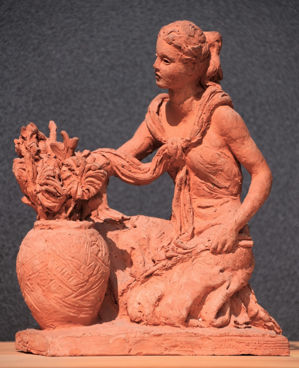 Belgian School 1965. La Marchande De Fleurs. Terracotta.-photo-2