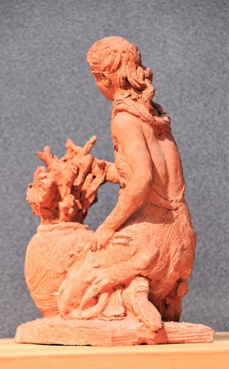 Belgian School 1965. La Marchande De Fleurs. Terracotta.-photo-3