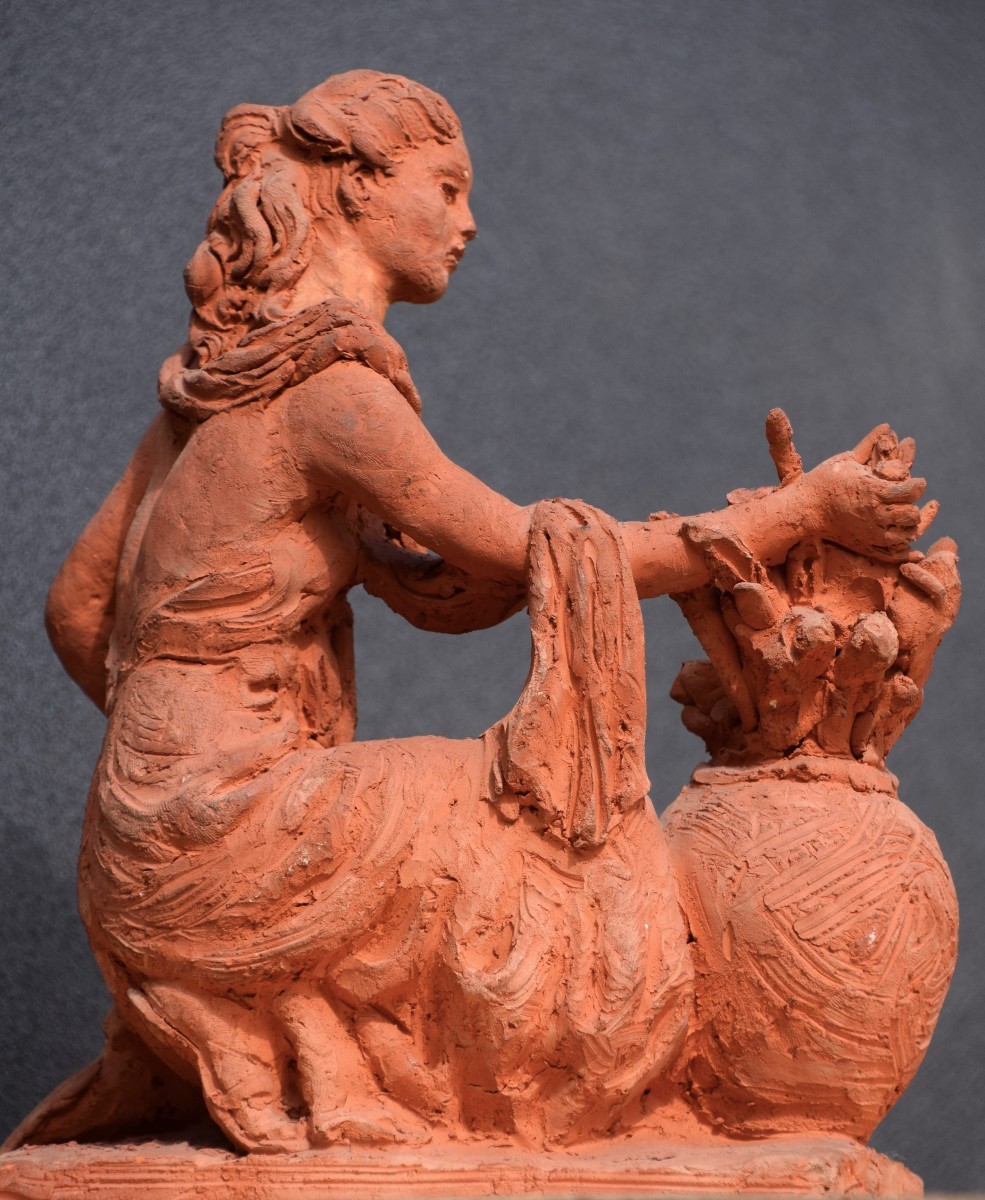 Belgian School 1965. La Marchande De Fleurs. Terracotta.-photo-4
