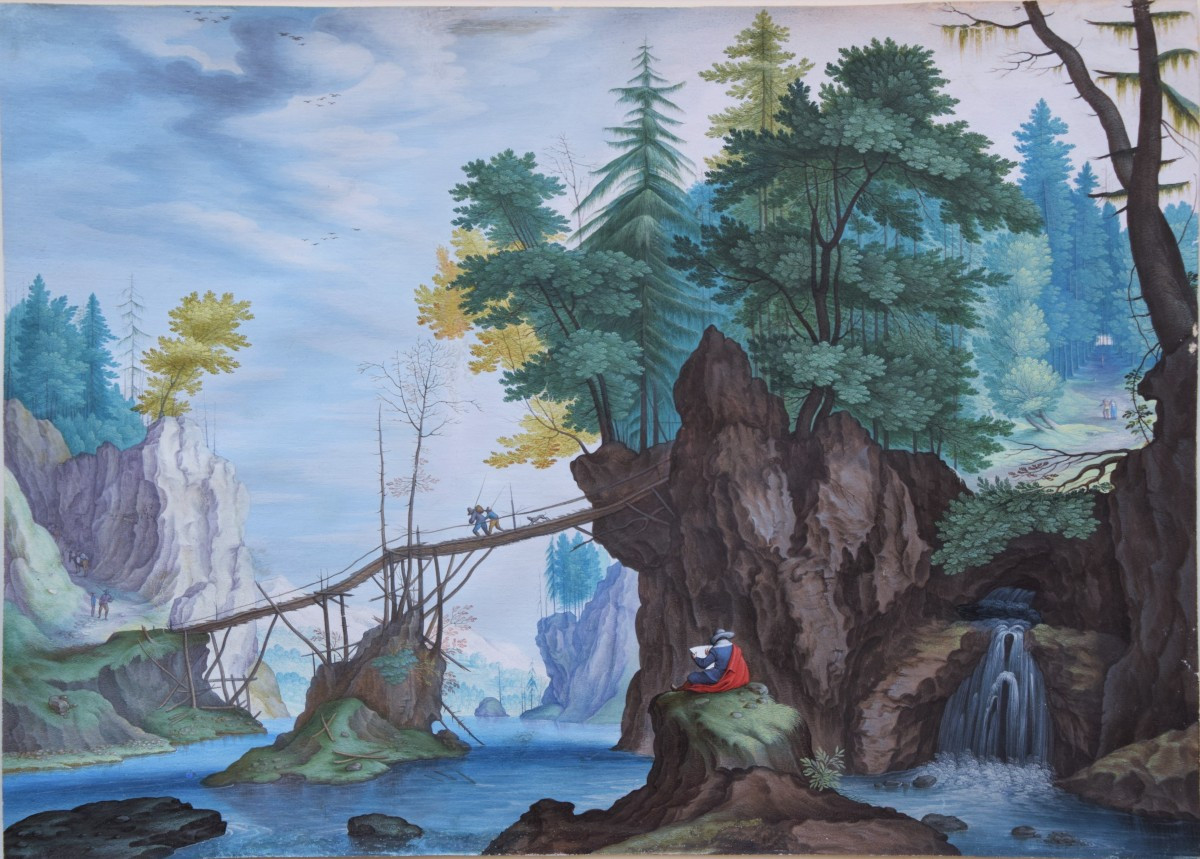 Ecole du Nord, vers 1800. Paysage en forêt avec un pont surplombant un rivière.-photo-3