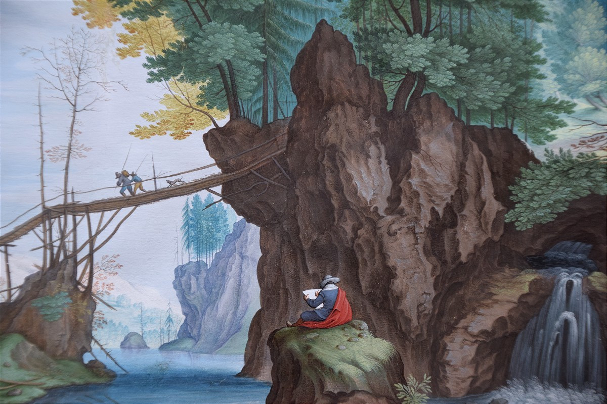 Ecole du Nord, vers 1800. Paysage en forêt avec un pont surplombant un rivière.-photo-4