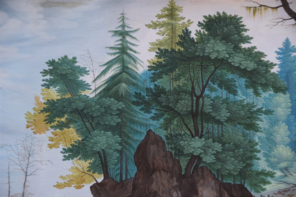 Ecole du Nord, vers 1800. Paysage en forêt avec un pont surplombant un rivière.-photo-1
