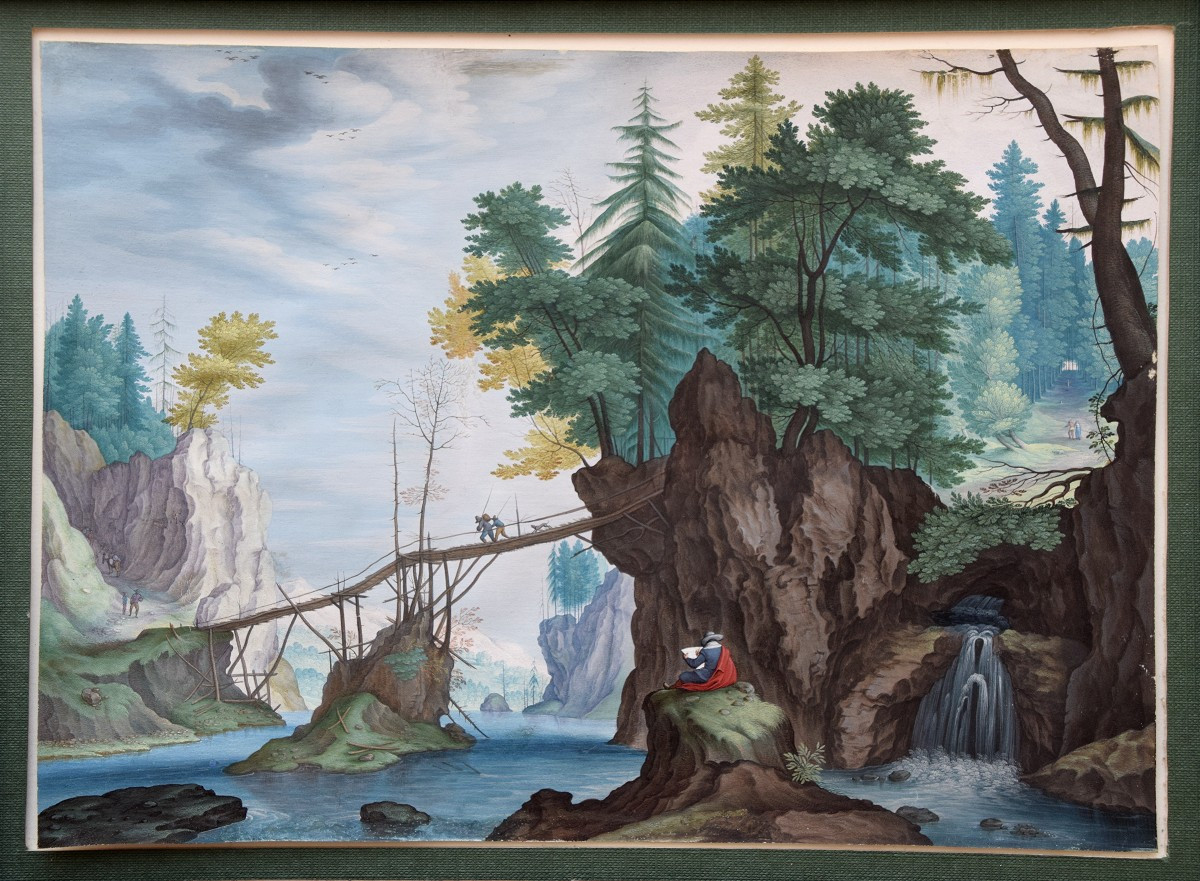 Ecole du Nord, vers 1800. Paysage en forêt avec un pont surplombant un rivière.