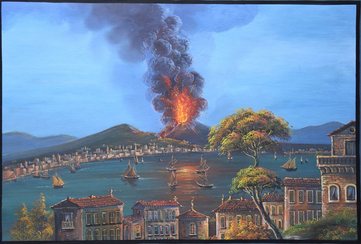 Gouache napolitaine, vers 1900. Eruption du Vésuve.-photo-2