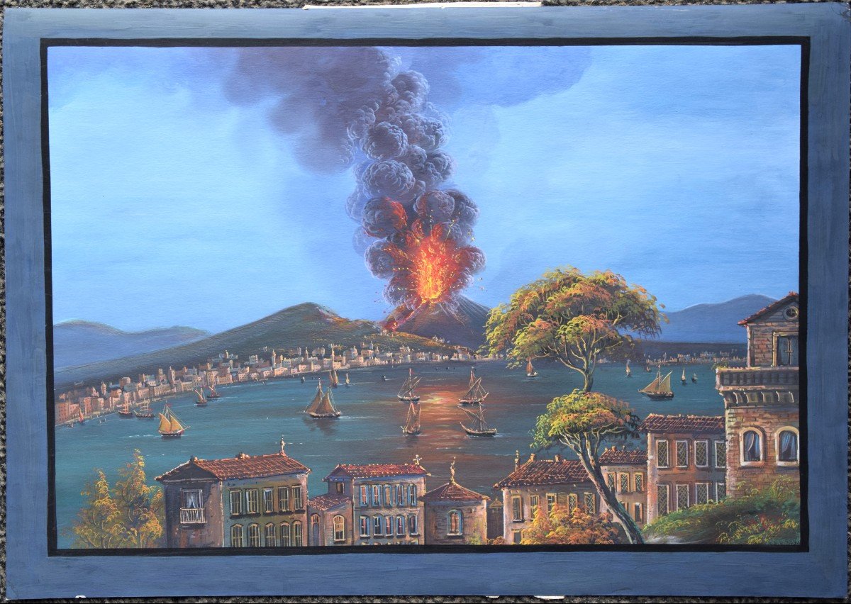 Gouache napolitaine, vers 1900. Eruption du Vésuve.
