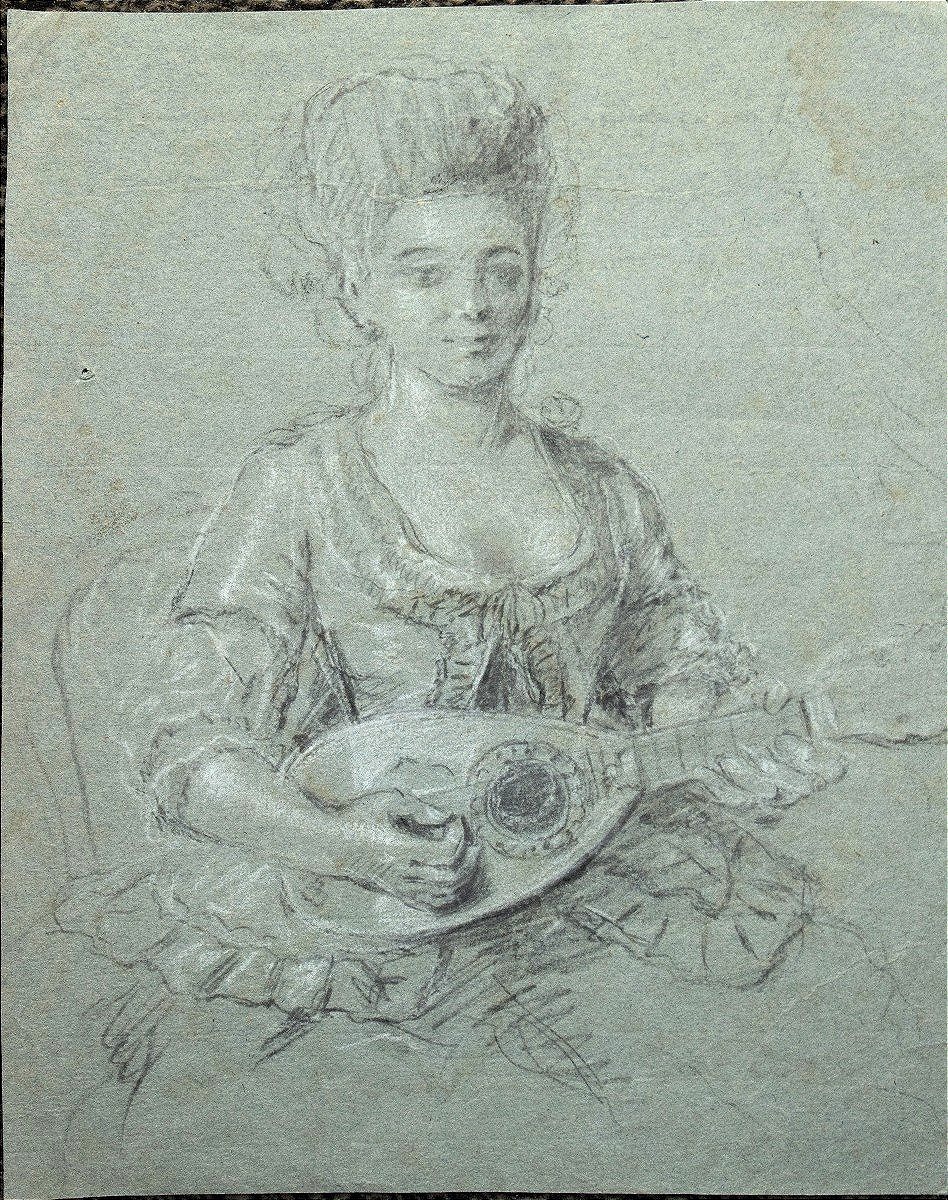French School Of The 18th Century. Woman Playing The Mandolin.