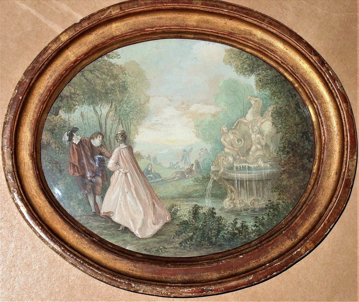 French School Of The 18th Century. Gallant Scene In A Park, A Fountain On The Right.-photo-2