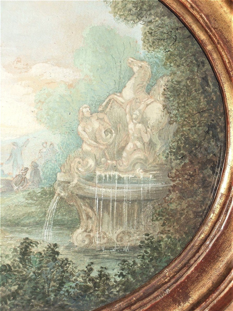French School Of The 18th Century. Gallant Scene In A Park, A Fountain On The Right.-photo-4