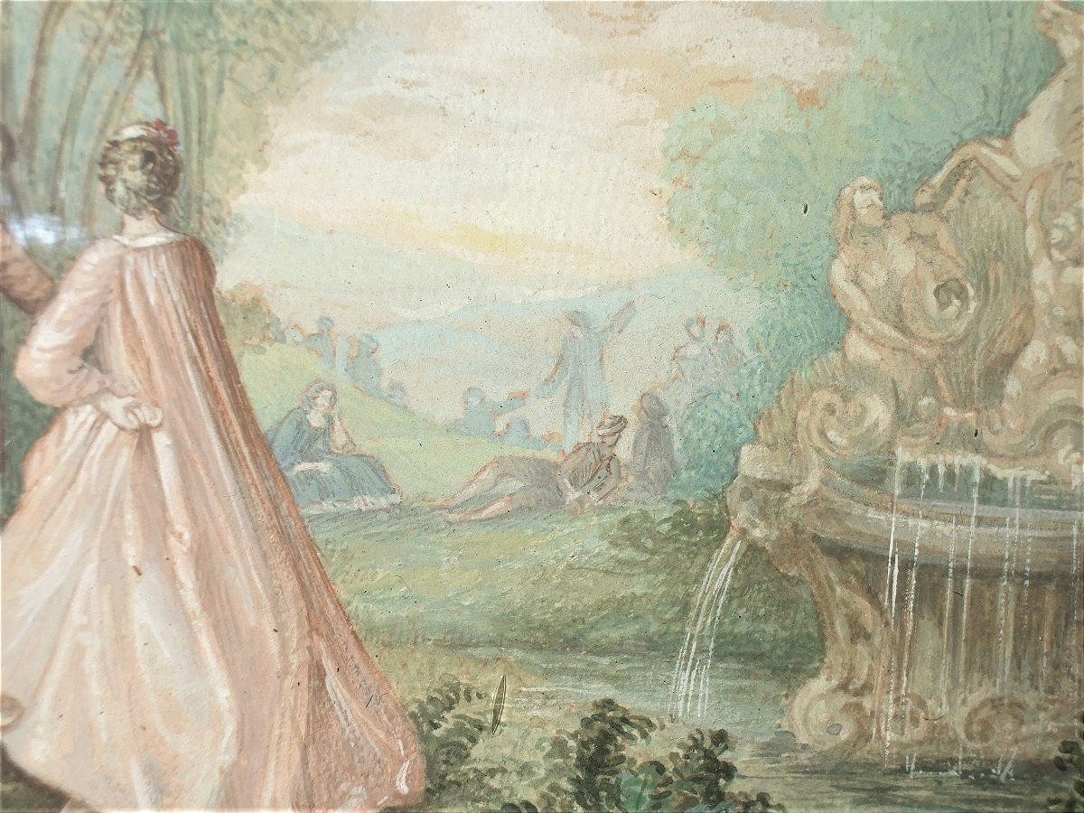 French School Of The 18th Century. Gallant Scene In A Park, A Fountain On The Right.-photo-1