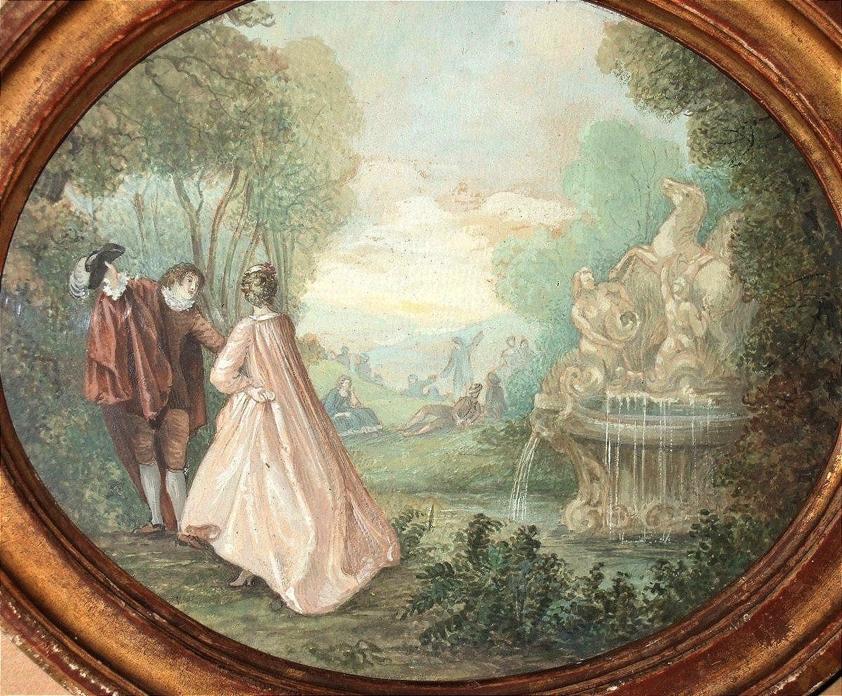 French School Of The 18th Century. Gallant Scene In A Park, A Fountain On The Right.