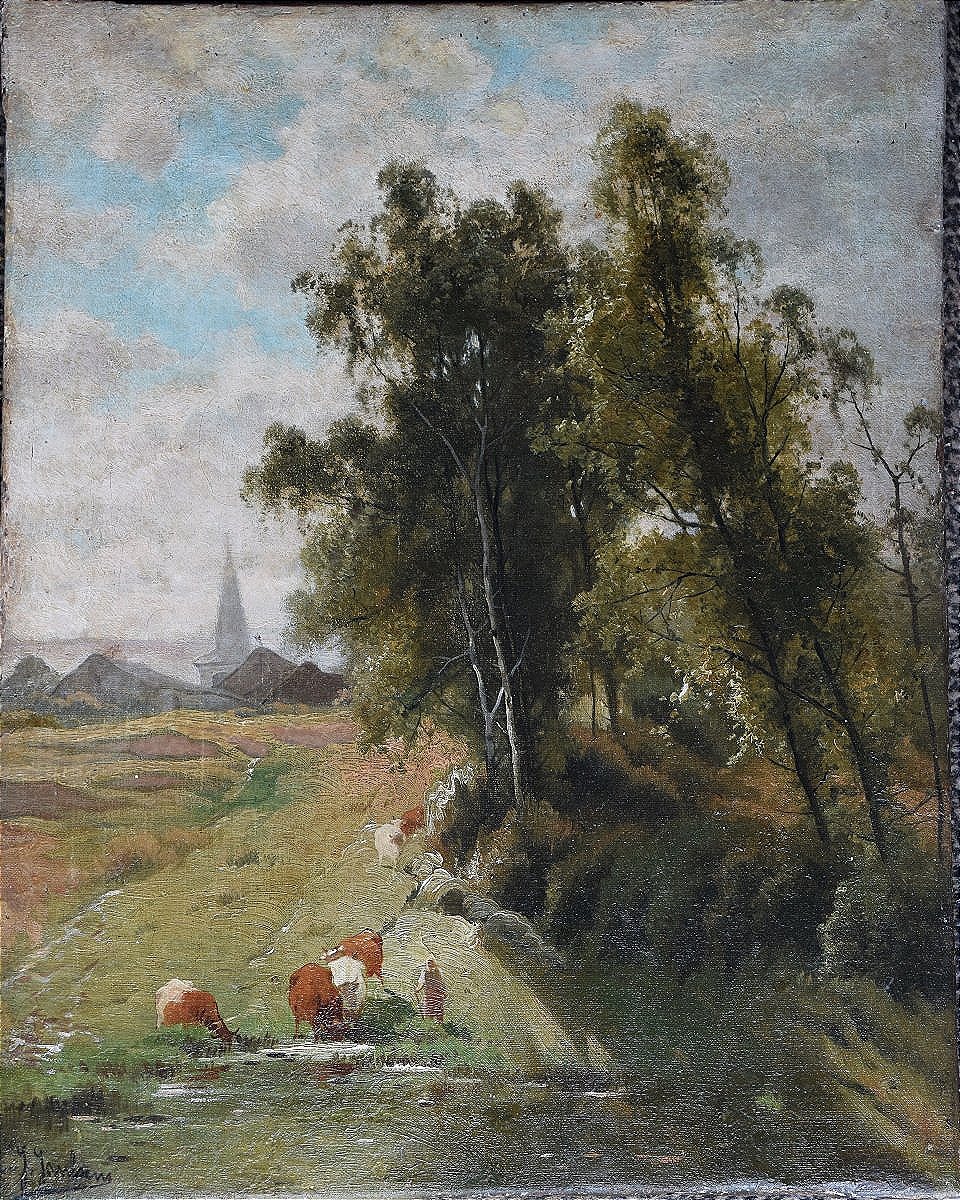 Jacques Janssens 1809–1890. A Shepherdess And Her Flock By A River, With A Village In The Distance.