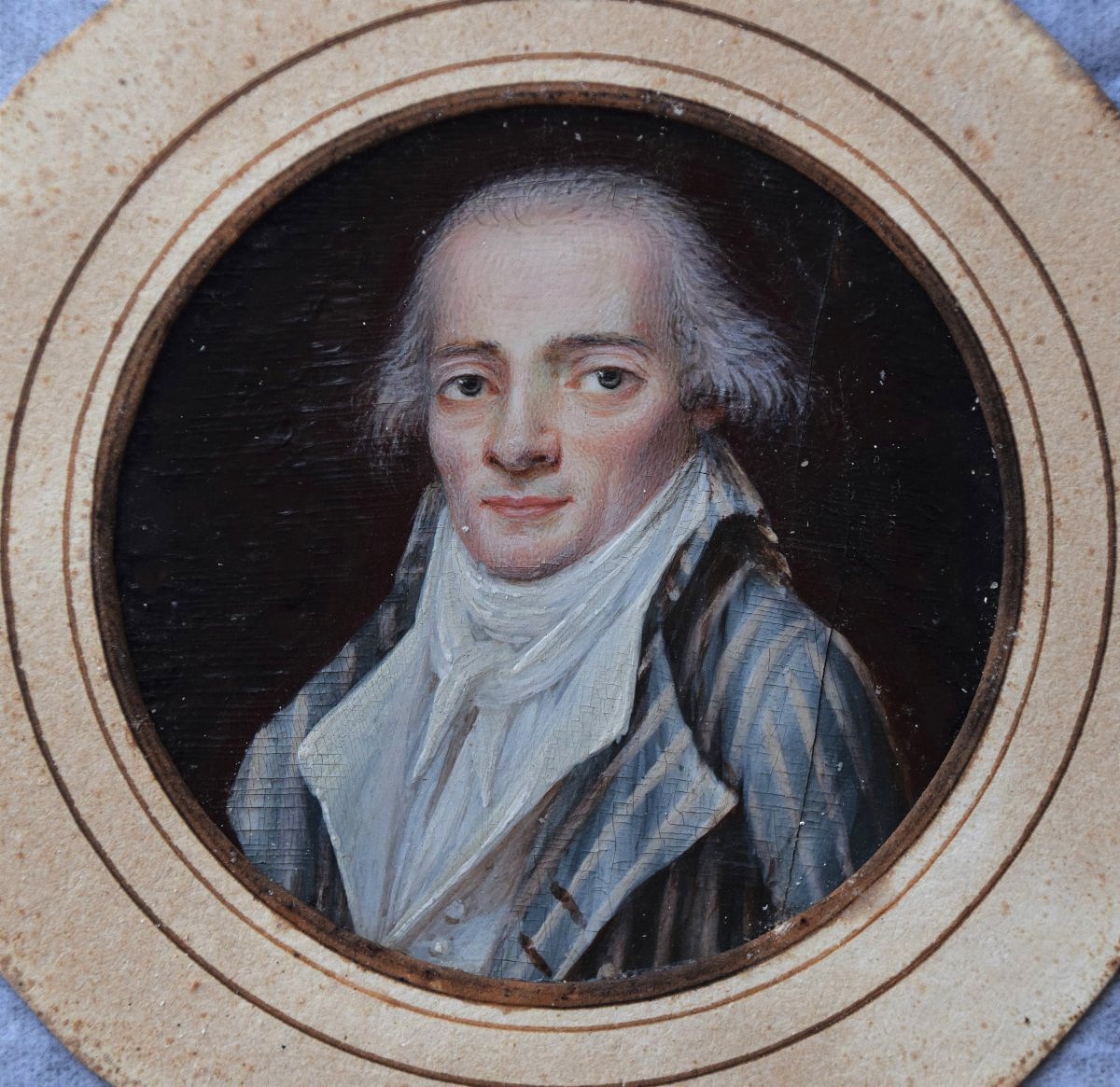 Gouache On Ivory. Portrait Of A Man In A Striped Suit. Diameter: 5 Cm.