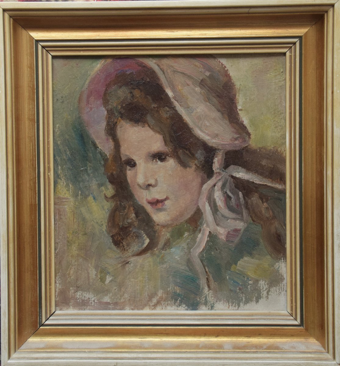 Ecole belge, début XXè. Portrait de fille au chapeau rose.-photo-2