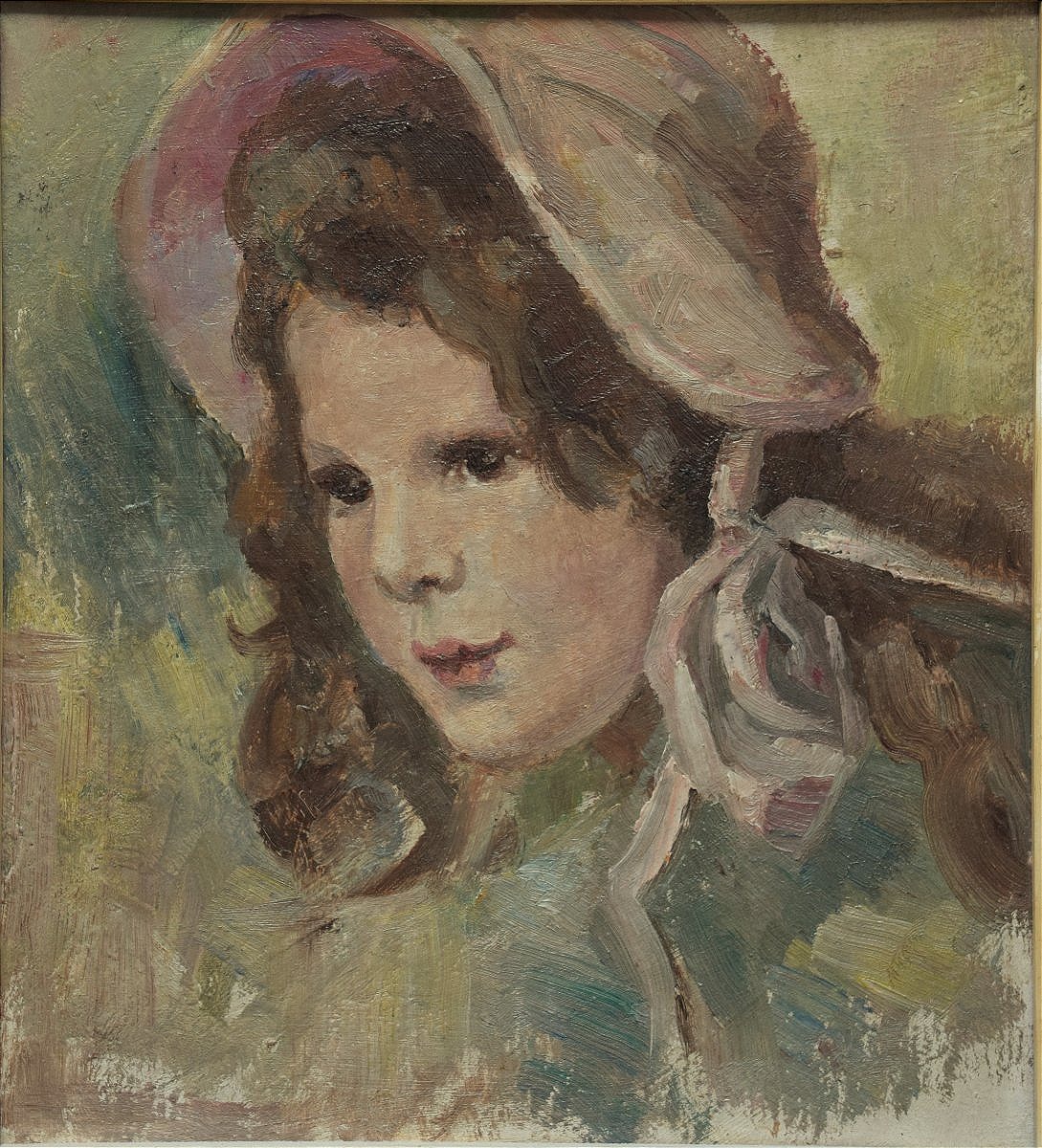 Ecole belge, début XXè. Portrait de fille au chapeau rose.