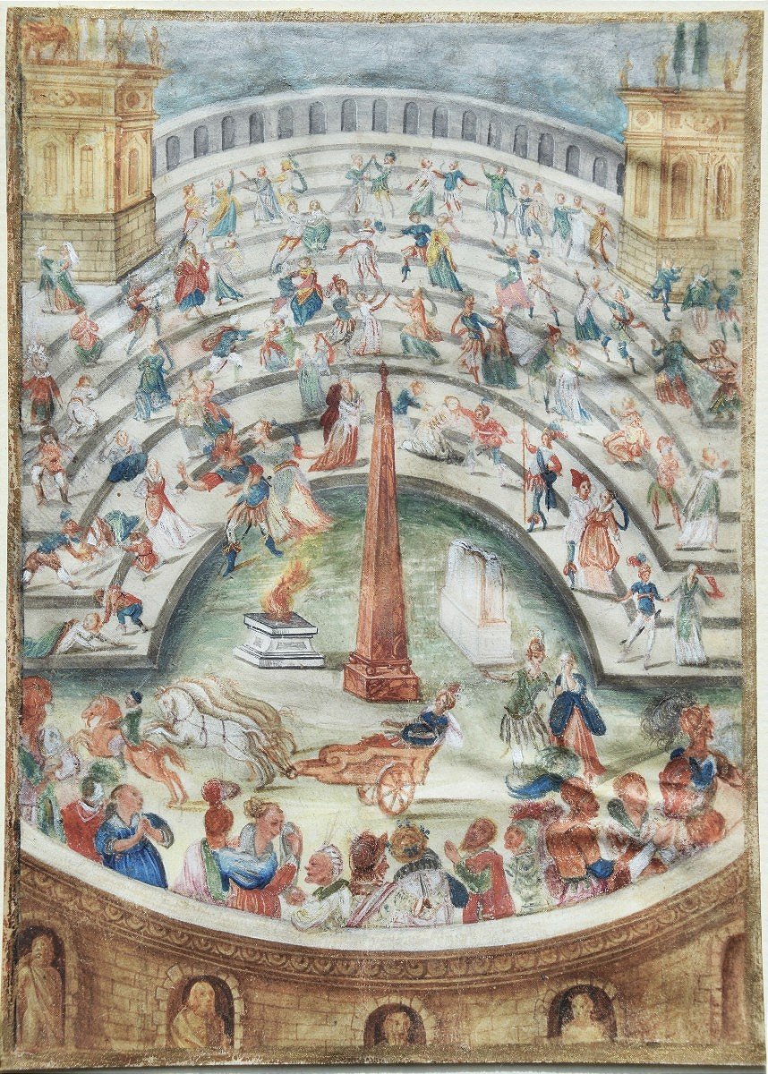 Ecole du Nord, vers1500. Scène de fête dans un amphithéâtre.-photo-2