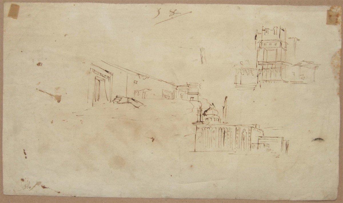 Carlo Lodi. Landscape With A Bridge, Featuring People Out For A Walk. On The Reverse, Architectural Sketches.-photo-2