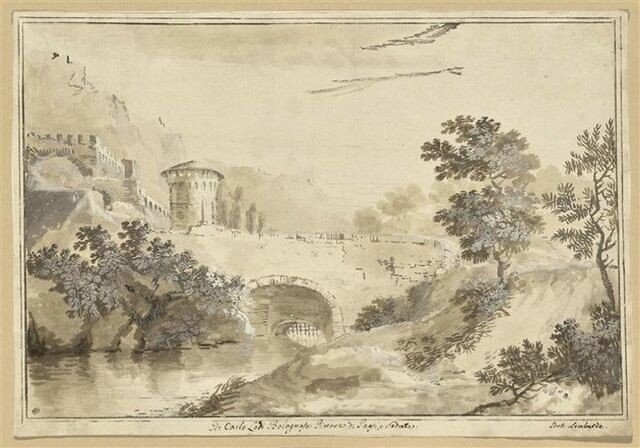 Carlo Lodi. Landscape With A Bridge, Featuring People Out For A Walk. On The Reverse, Architectural Sketches.-photo-3
