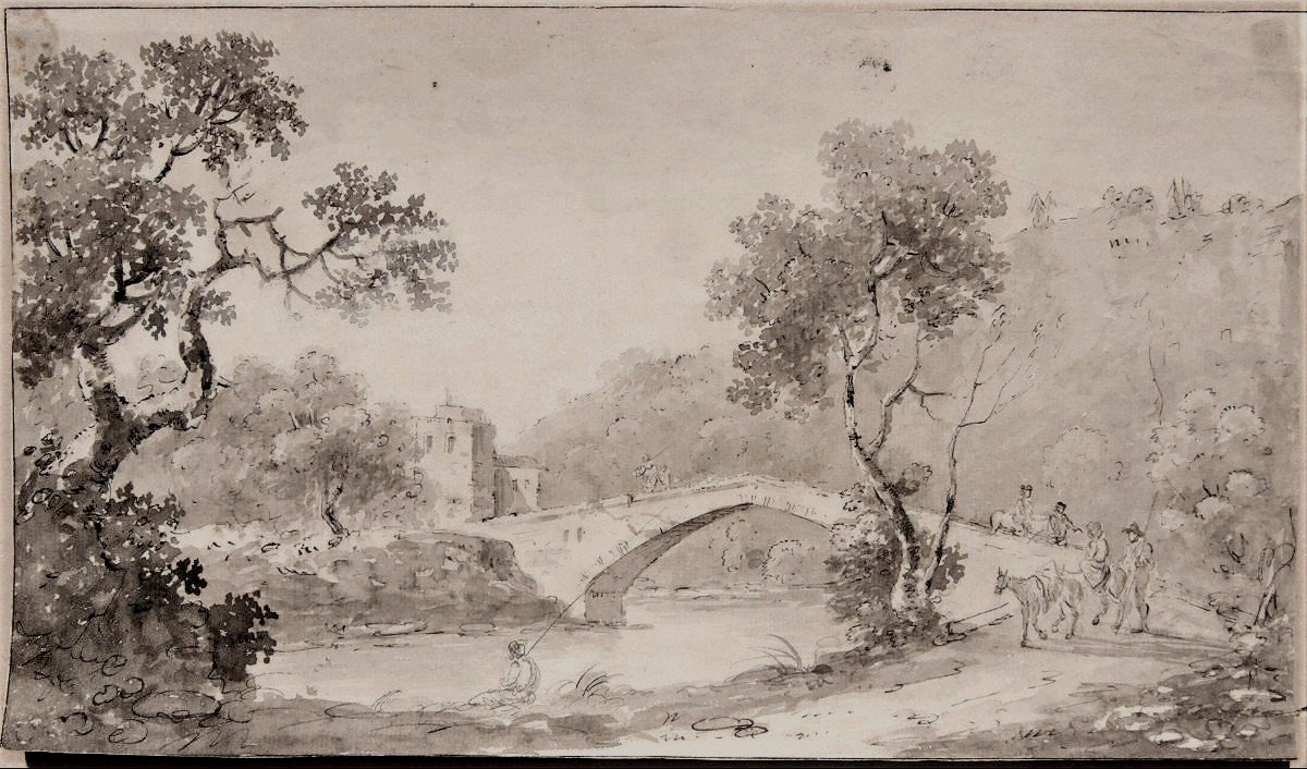 Carlo Lodi. Landscape With A Bridge, Featuring People Out For A Walk. On The Reverse, Architectural Sketches.