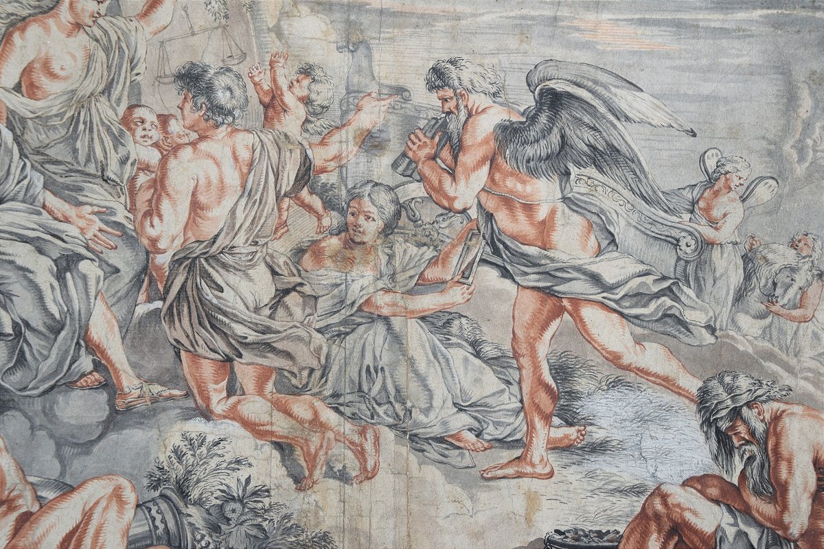 Ecole du XVIIè. Apollon accordant son char à Phaéton, d'après Poussin.-photo-2