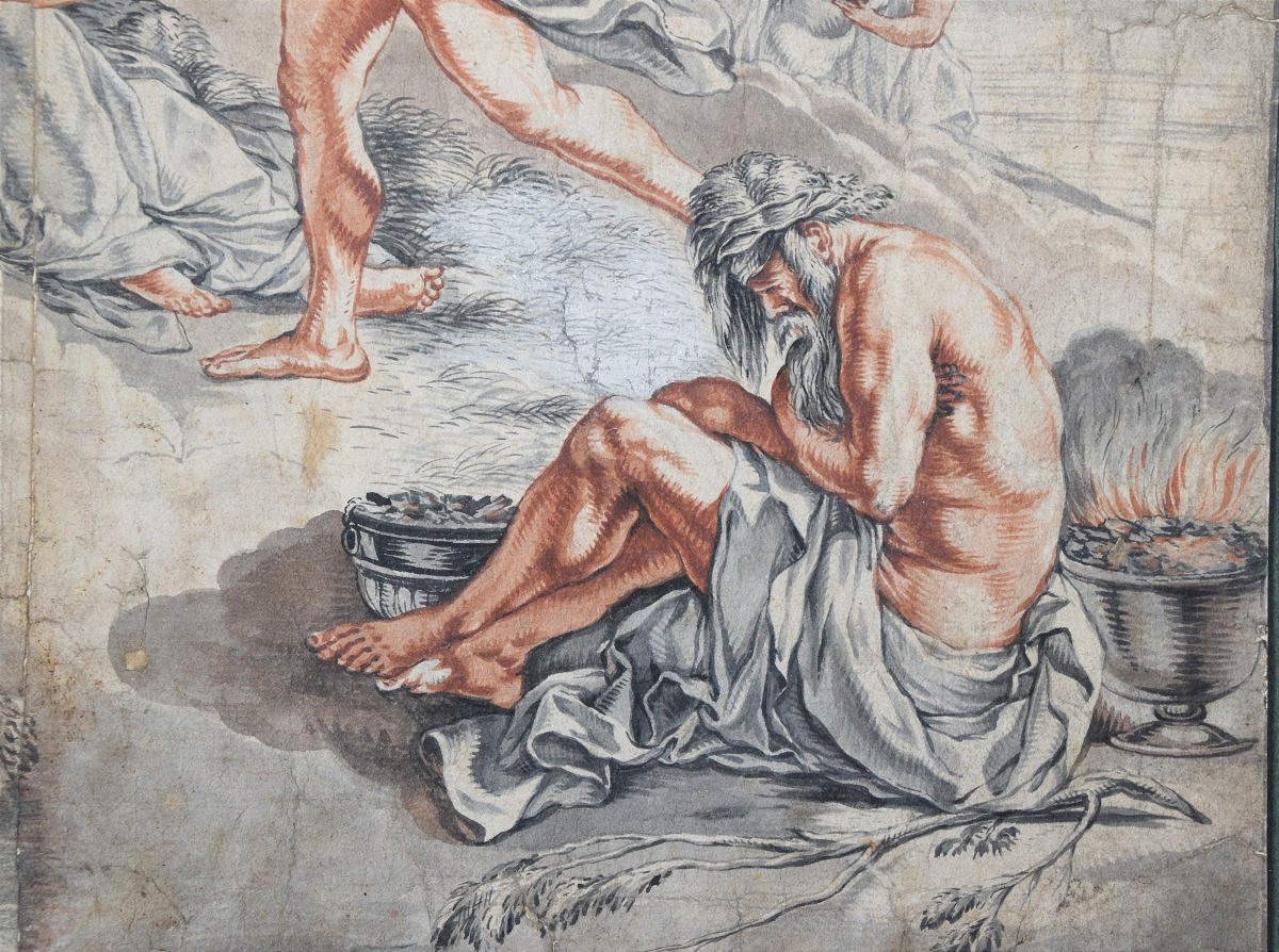 Ecole du XVIIè. Apollon accordant son char à Phaéton, d'après Poussin.-photo-1