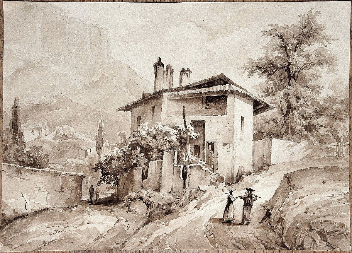19th-century French School. Hikers On A Mountain Trail.