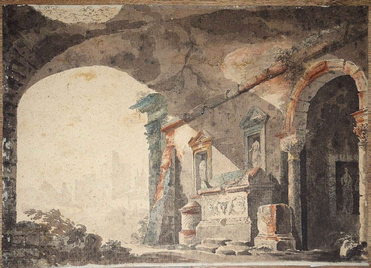 Ecole française du XVIIIè. Vue de ruines romaines, un sarcophage sur la droite.