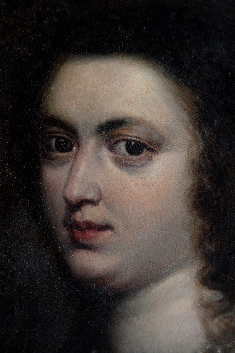 Ecole du XIXè. Portrait de femme au collier de perles.-photo-3