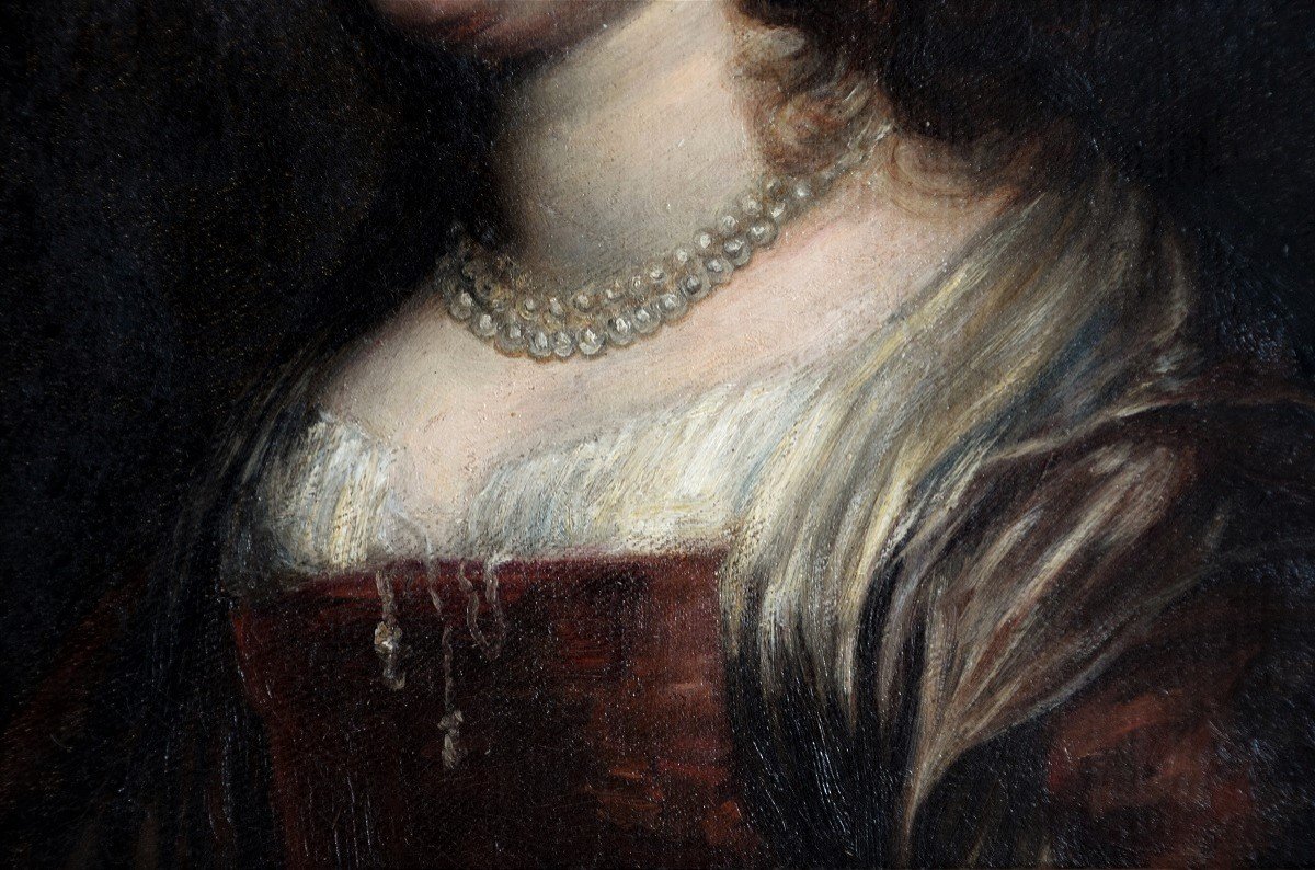 Ecole du XIXè. Portrait de femme au collier de perles.-photo-4