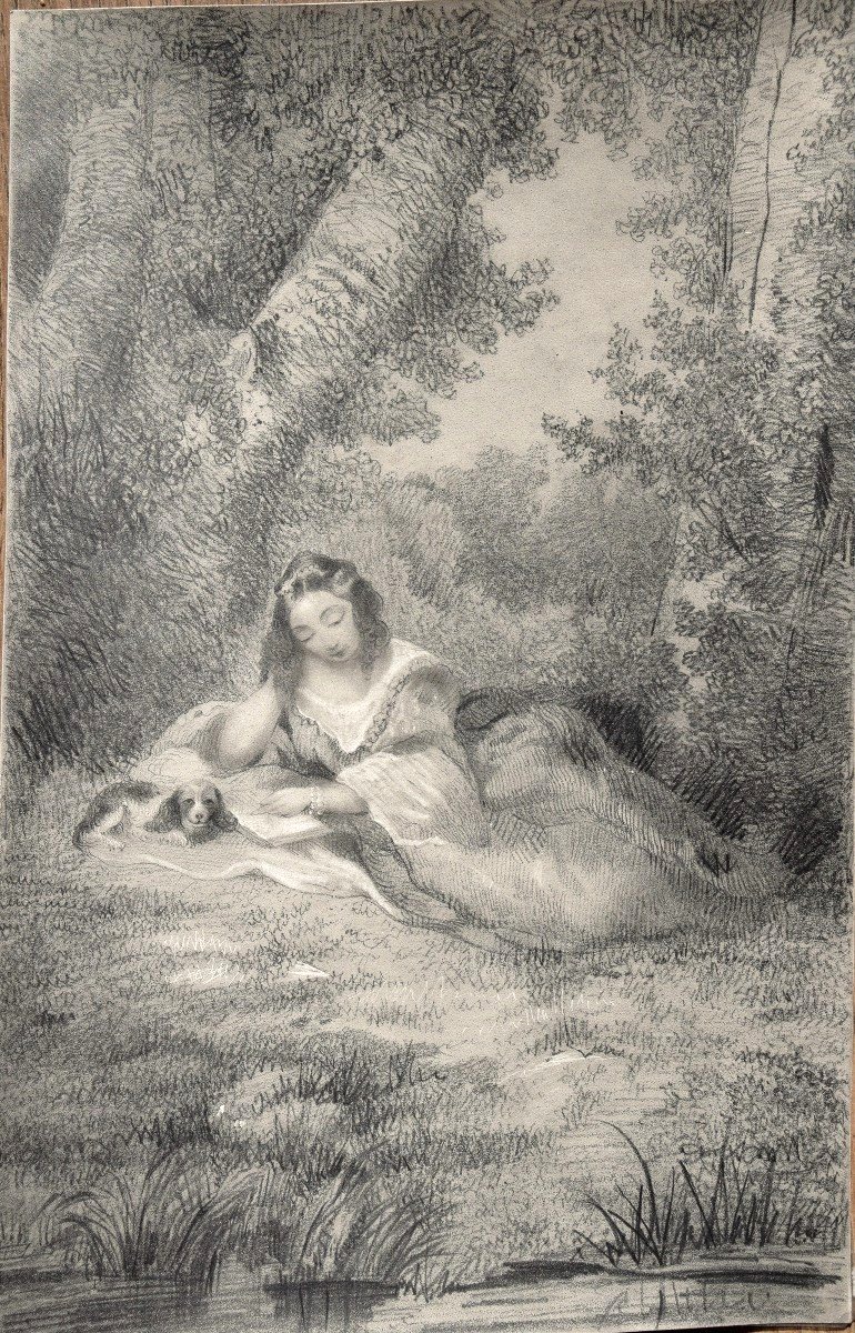 Ecole romantique, vers 1830. Une femme lisant dans la forêt, au bord de l'eau.-photo-2