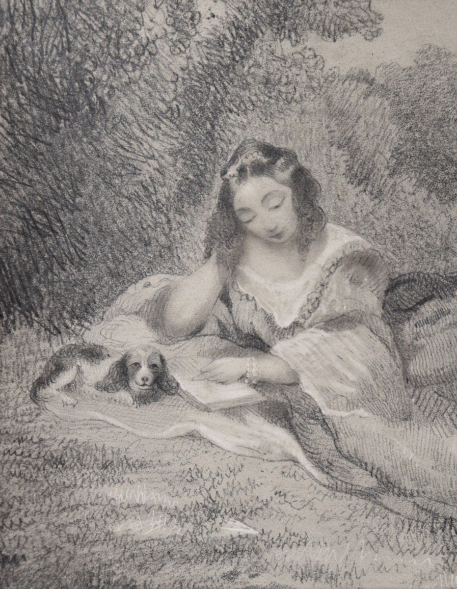Ecole romantique, vers 1830. Une femme lisant dans la forêt, au bord de l'eau.-photo-3