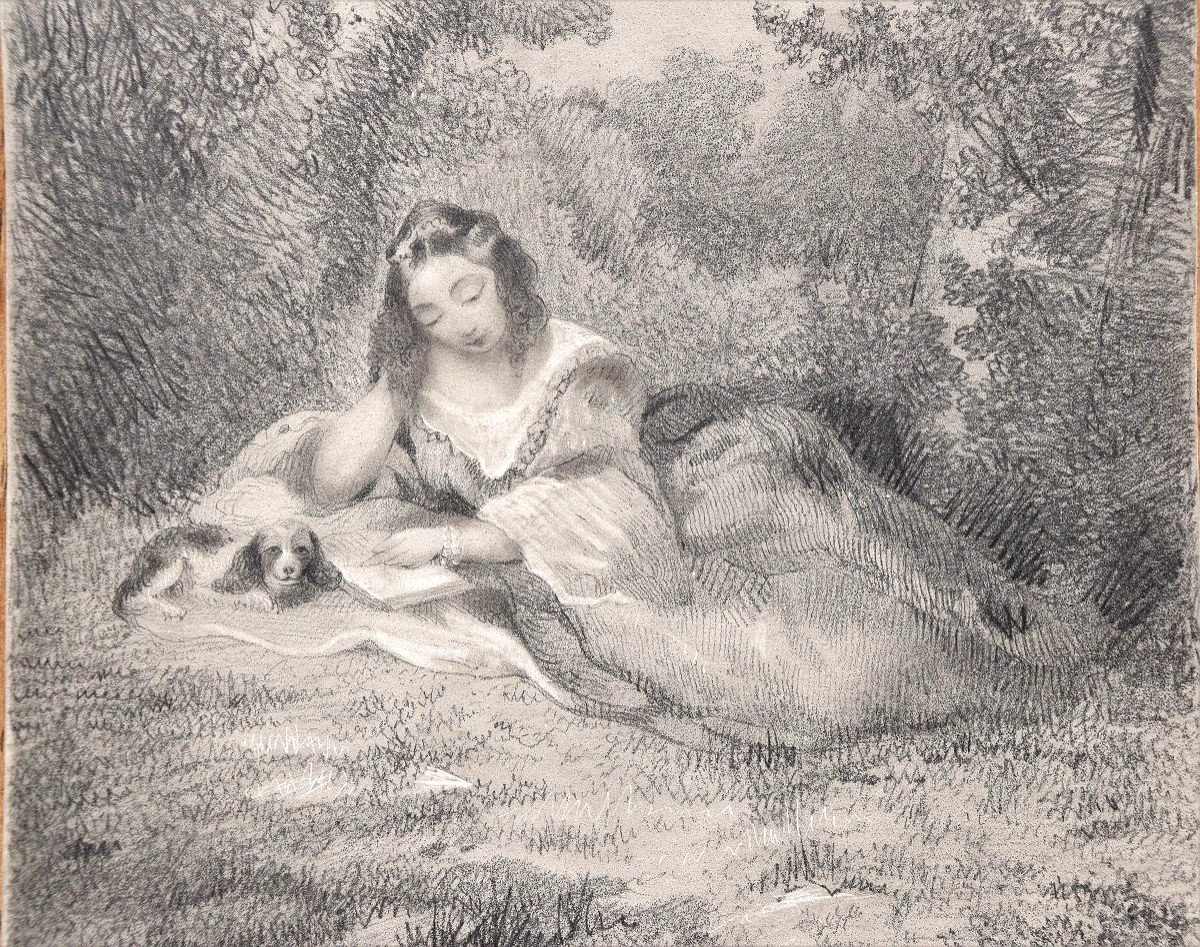 Ecole romantique, vers 1830. Une femme lisant dans la forêt, au bord de l'eau.